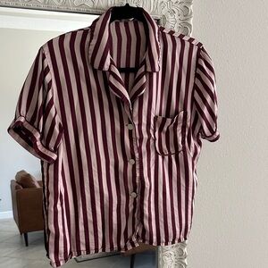 Morgan Lane Silk Blend Burgundy and Pink Striped Button Down Shirt